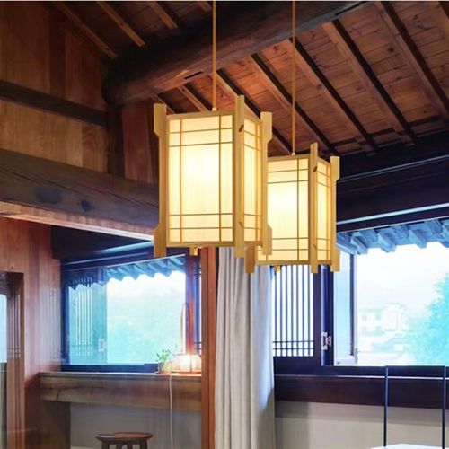 木艺小吊灯方形宫灯卡座过道走廊中式复古侘寂风简约原木色餐吊灯