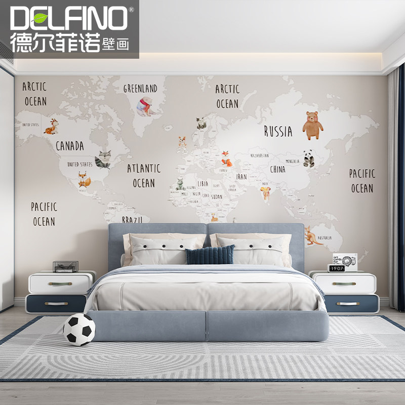 环保无缝墙布房间卧室客厅背景墙壁布主卧床头儿童房动物地图壁画
