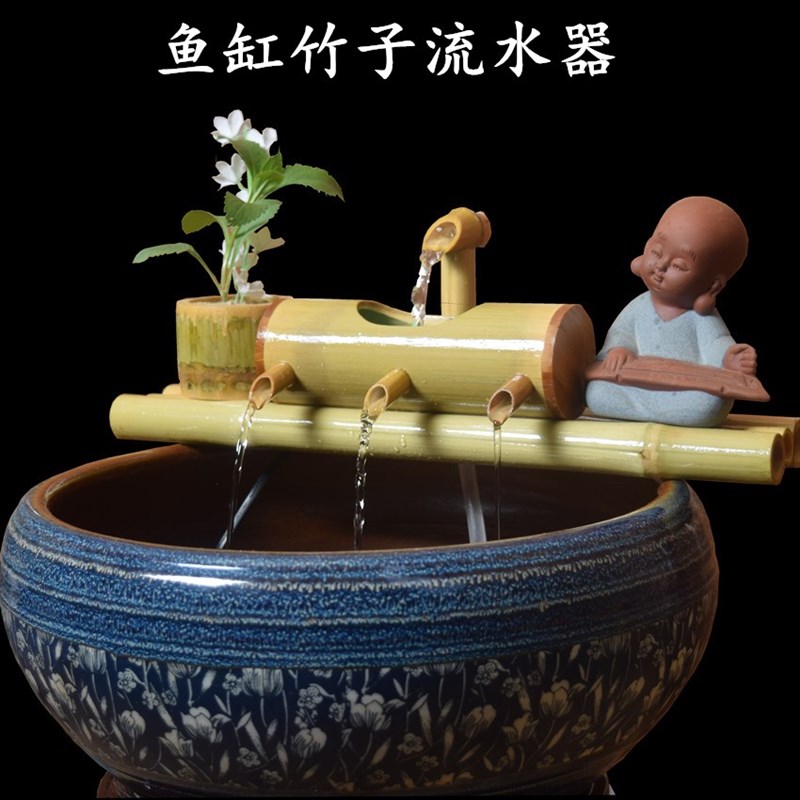 过滤器鱼缸净化水质过滤系统竹子循环流水摆件鱼缸造景流水器养鱼