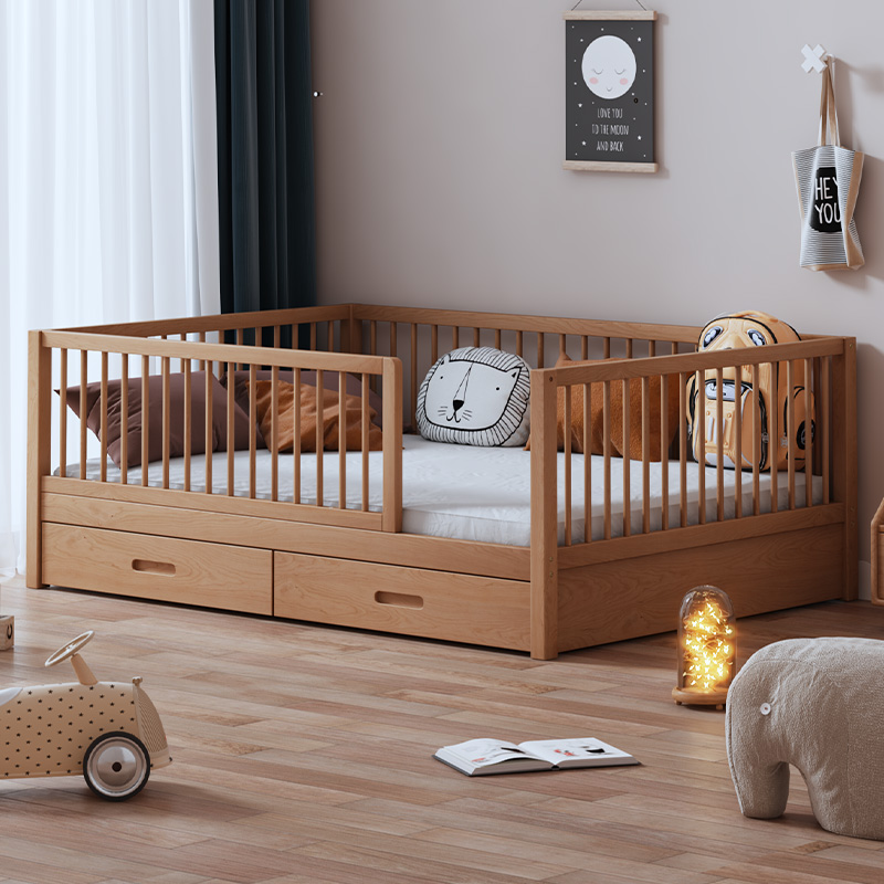 榉木儿童床实木儿童房单人床带护栏小床男孩女孩公主床加高树屋床