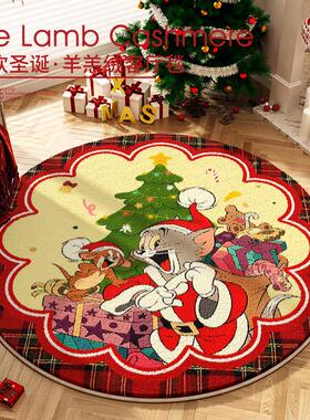 新年圆形地毯红卡通客厅垫喜庆耶MY950930地诞节日氛树围色卧室装