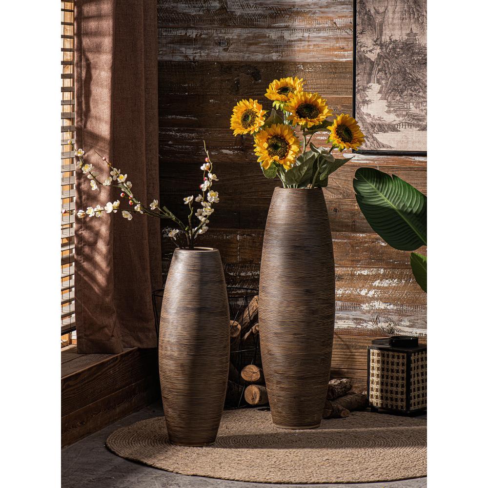 景德号镇落棕色螺纹地大花瓶手工螺纹刻粗陶客厅酒店民宿复古罐装