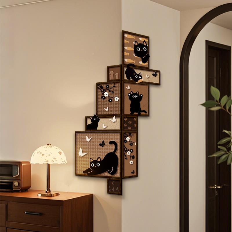 古风卡猫咪玄关转角装饰画客厅拐角墙壁挂画通壁儿童卧中室布YYD8