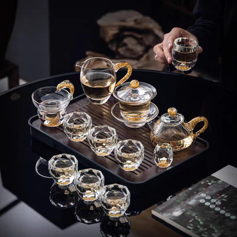 水晶玻璃茶具套组灌金箔轻奢盖碗整套功夫茶具茶杯高端家用定制