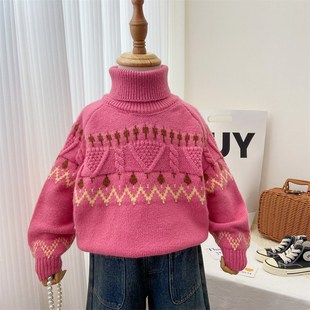 女童毛衣2024新款柔软洋气时髦高领针织衫上衣粉色冬季保暖打底衫