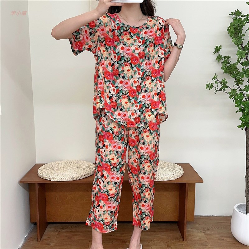 女绵绸中老年夏天家居服妈妈宽松大码棉绸睡衣夏季薄款可外穿睡衣