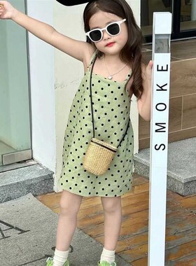 韩国童装2025夏季新款女童绿色波点吊带裙女宝宝圆点无袖连衣裙潮