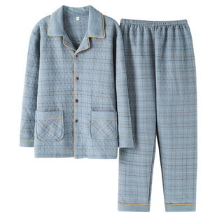 薄夹棉睡衣男冬款 春秋加厚纯棉长袖 中老年人男款加大码宽松套装