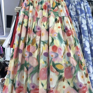 2024夏季法式高级感油画风浪漫碎花蛋糕裙大摆百搭显瘦A字半身裙