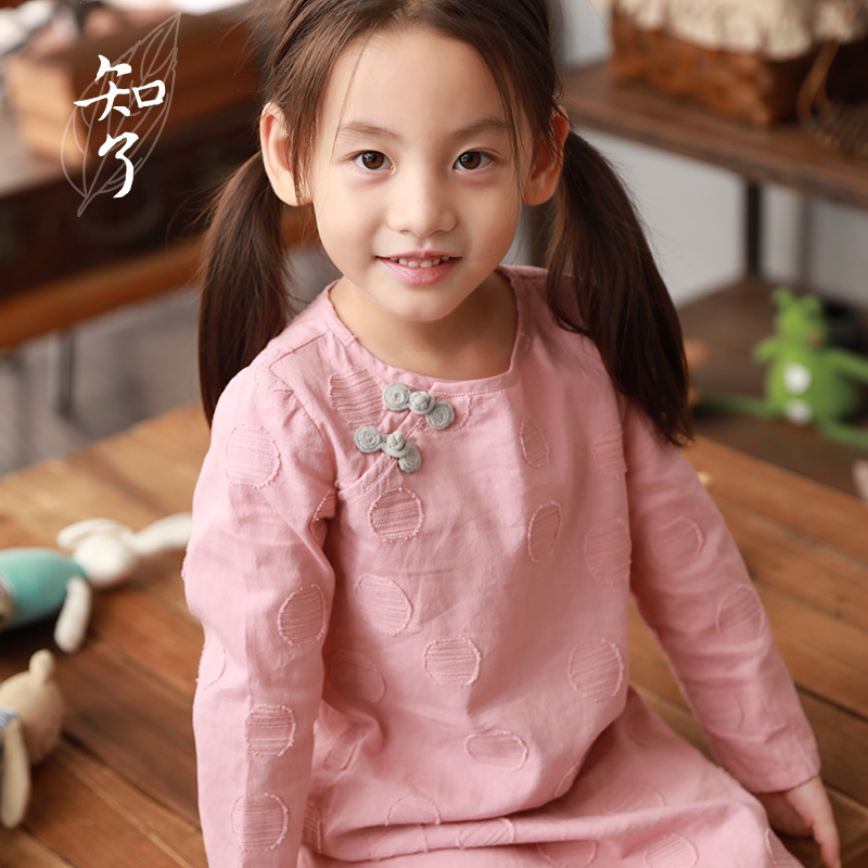 知了童 装春装女童提花长袖连衣裙全棉中式旗袍裙儿童 K3195