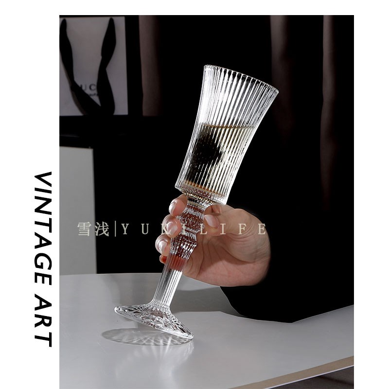 法式流芳杯 中古杯vintage古典竖纹香槟杯甜酒杯水晶高脚杯子家用