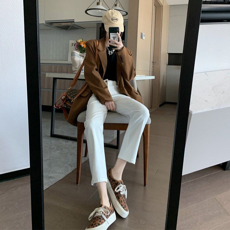 白色直筒牛仔裤女裤小个子春秋装新款女装秋冬高腰加绒烟管裤子