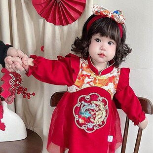 1-2-3岁女宝宝生日裙新款抓周女童红色公主裙洋气春秋长袖连衣裙