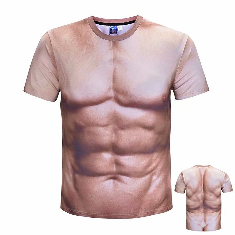 创意搞笑纹身肌肉短袖潮男t恤3D立体个性假腹肌胸肌年会表演衣服