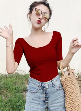 纯棉大领口黑色中袖t恤女修身低胸u领紧身五分袖打底衫七分袖上衣