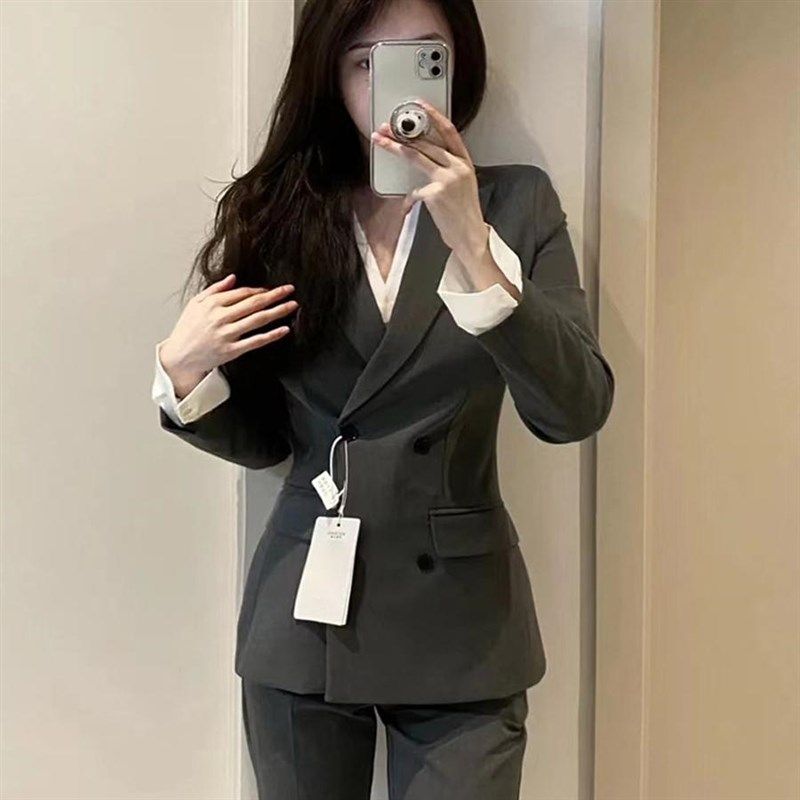 胖mm高端灰色职业装西装套装女春秋大码公务员学生面试西服正装女