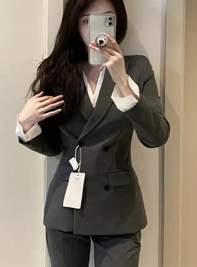 胖mm高端灰色职业装西装套装女春秋大码公务员学生面试西服正装女