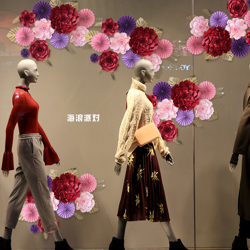 元旦过年春节红色灯笼折扇拉花店铺橱窗背景墙装饰吊顶挂饰布置品