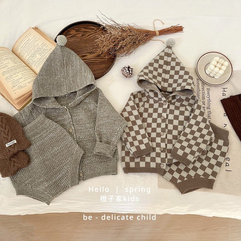 男童春秋装复古格子连帽毛衣开衫外套洋气女宝宝针织包屁短裤套装
