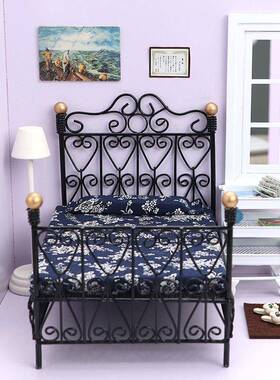 1:12迷你娃娃屋家具摆件铁床OB11卧室双人床仿真公主床模型床