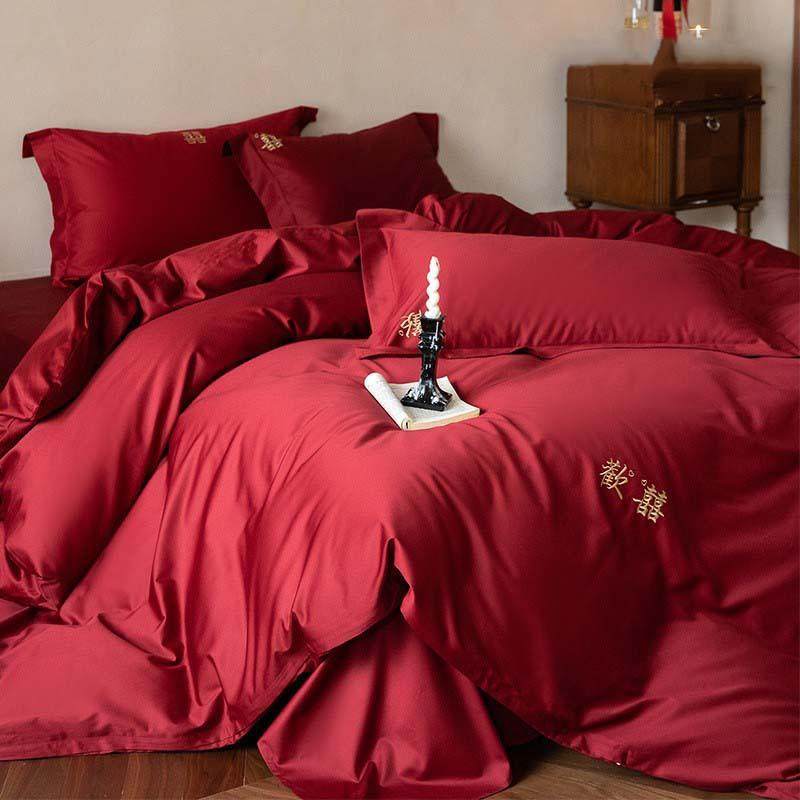 现代简约风刺绣大红色结婚庆四件套100S高支纯棉被套床单床笠