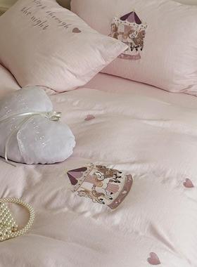 少女心全棉双层纱四件套木马刺绣超柔纯棉1.2m被套床笠粉紫色床品