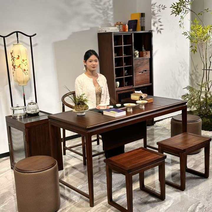 实木茶桌椅组合新中式办公茶桌两用二合一办公家用泡茶桌椅带盖板