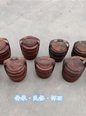 民俗老物件木提盒食盒圆形中式怀旧老旧提盒木食盒饭店装饰提饭盒