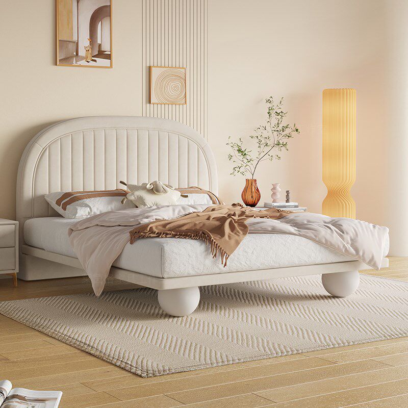 奶油风软包儿童床简约卧室科技布可爱女孩公主床1.5m圆球脚布艺床