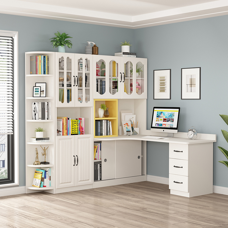 实木转角书桌书架一体家用学生写字桌子带书柜简约台式电脑桌