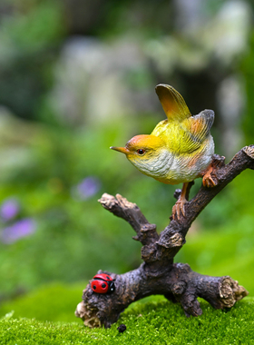 创意小鸟摆件可爱仿真动物翠鸟站树枝花园盆景装饰树脂工艺品摆设
