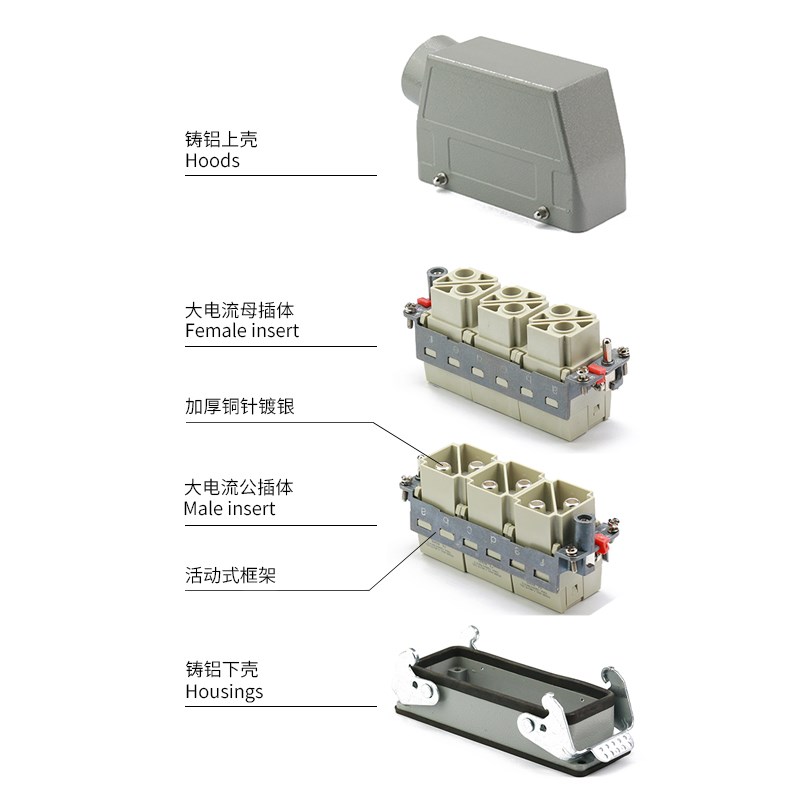 100大电流矩形重载连接器接2///8/芯线端子公母对接航空插头