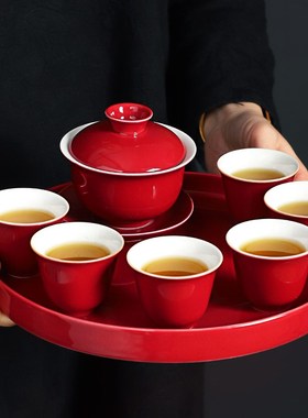 红色中式喜庆功夫茶具家用干泡茶盘小套组办公开业陶瓷泡茶套装