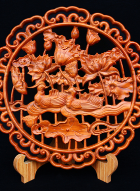 桃木鸳鸯戏水图床头挂件木雕摆件比翼鸟卧室婚房美好祝福礼品装饰