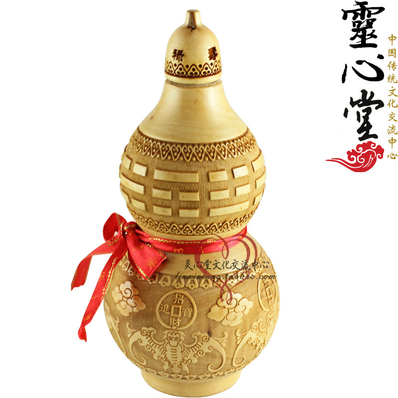 雕刻 开口 桃木 葫芦 工艺品 17cm 五福临门 招财 摆件