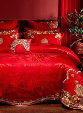ZJF26602婚庆四套大0红棉全10件s长绒棉刺绣龙凤结婚房嫁喜庆被床