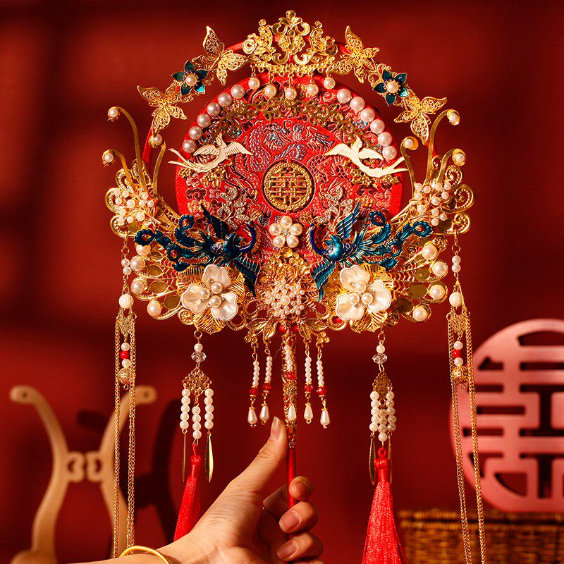 新娘结婚团扇手工diy材料包秀禾扇子中式古风出嫁遮面扇重工喜扇