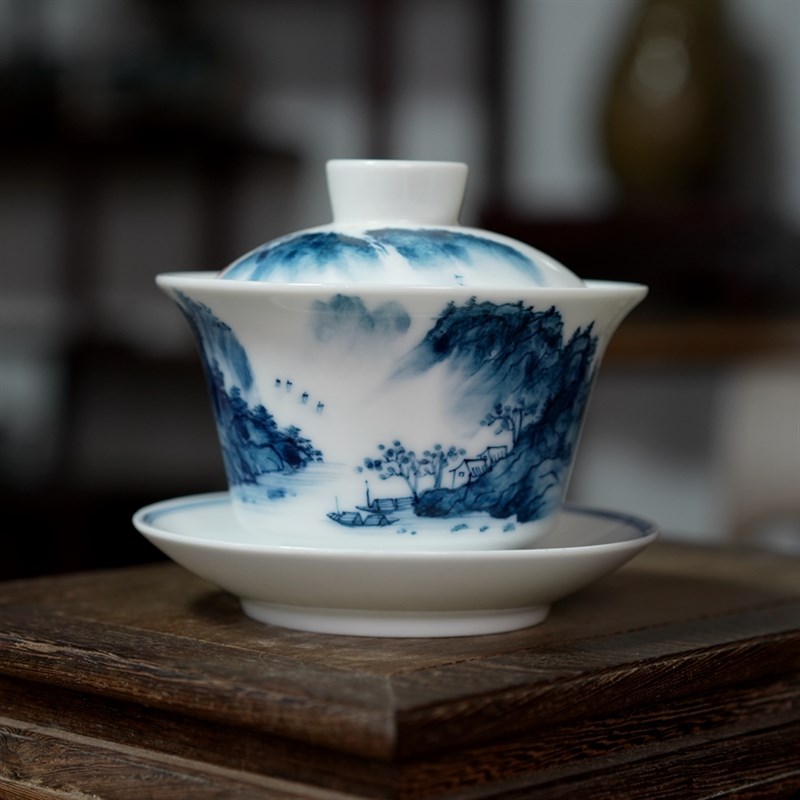 手绘青花瓷三才盖碗功夫茶碗 泡茶器家用单个茶具山水大号茶碗