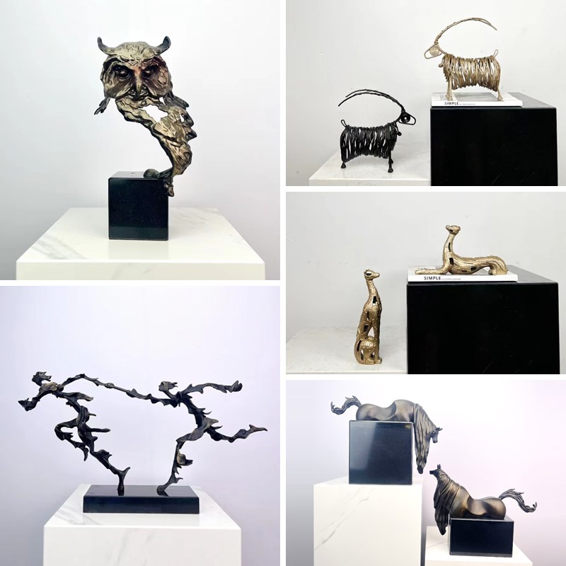 现代简约金属人物动物抽象雕塑摆件镂空马头猎犬猫头鹰大象装饰品