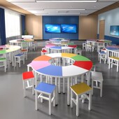 中小学生六边形团体活动阅览桌椅扇形组合圆桌拼接培训心理辅导桌