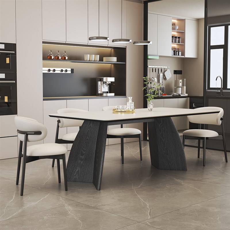 实木小户型意式极简纯白岩板长方形餐桌椅组合家用现代简约饭桌子