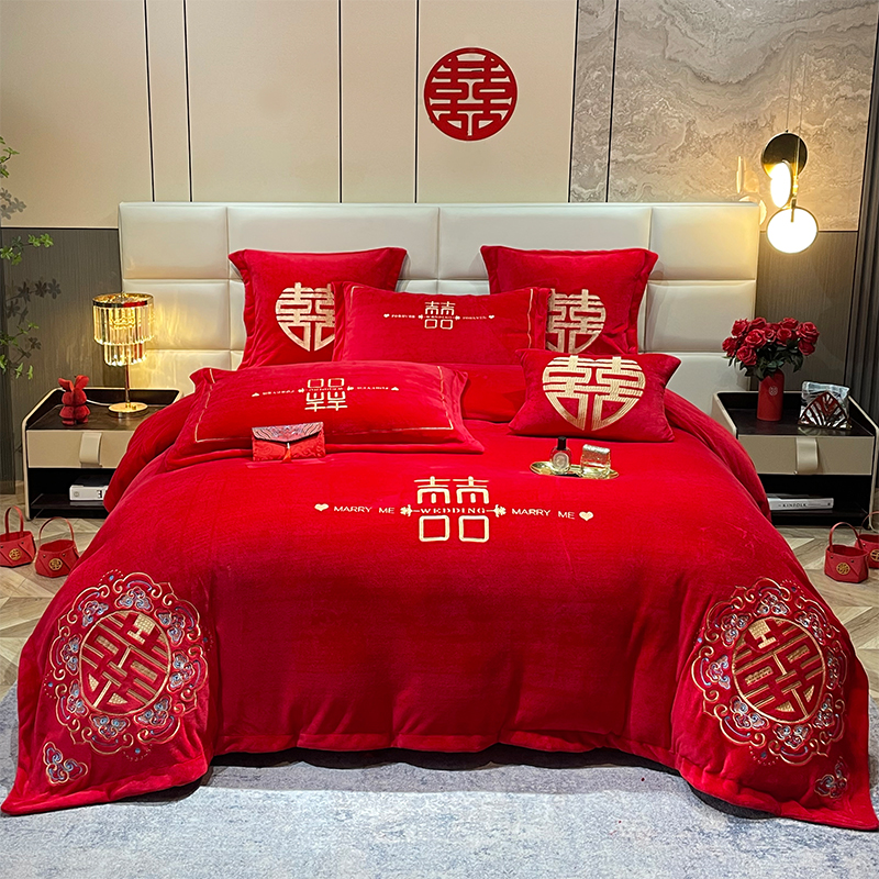 婚庆四件组大红色结婚新婚房嫁喜被罩中式珊瑚绒加厚保暖冬季