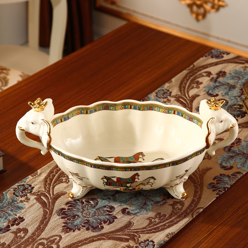 欧式水果盘陶瓷客厅双耳大象奢华供盘糖果盘高档餐桌茶几装饰摆件