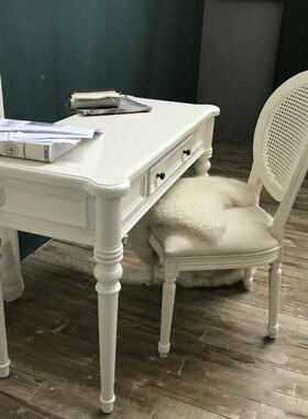 美式仿古白小色做TJZ旧实木抽书桌欧式简约电桌写字台法式脑单书