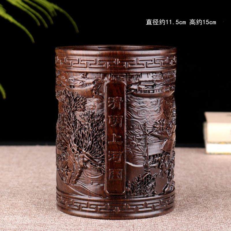 黑檀木桌实木笔筒荷花木雕创意实用件木质装笔复古面摆可HHV刻log