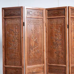 QBC中式古隔断客厅公室玄关实办仿木折屏移动折叠屏风香木浮雕遮