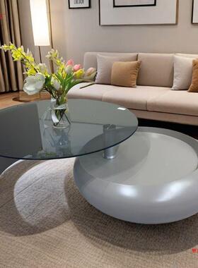旋钢转感化璃意式轻奢圆形小户型移动玻设师客厅茶VPY几茶计桌