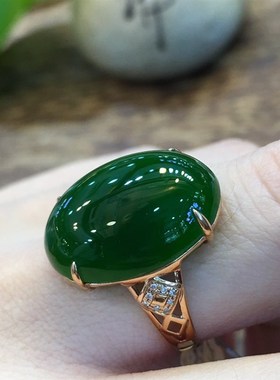 天然和田碧玉镶18k金戒指女新疆碧玉戒指 菠菜绿碧玉指环戒指