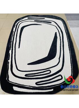现代约黑色椭圆格子形中式毯手工羊毛客厅PYR茶几沙发地卧室简床