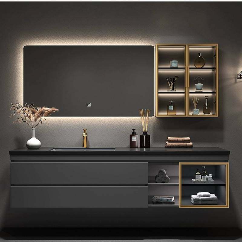 W8轻奢岩板无缝一体盆浴室柜组合现代简约洗漱台实木卫生间洗脸盆